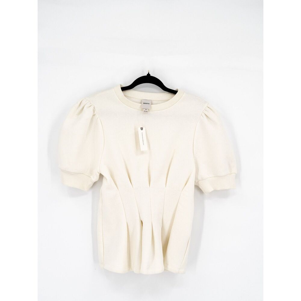 Maeve Womens M Ivory Top Short Sleeve Puff Shoulders Peplum Sweatshirt Material